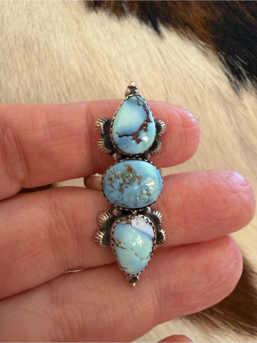 ❤️ Golden Hills 3 Stone Turquoise Sterling Silver Navajo Style Ring Adjustable - Picture 10 of 16